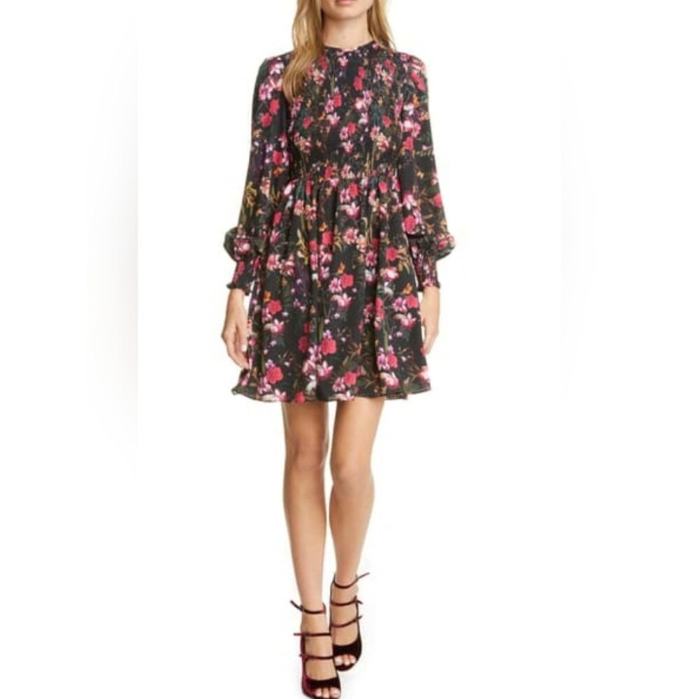 Ted Baker Black Floral Smocked Long-Sleeve Mini Dress, Size 2